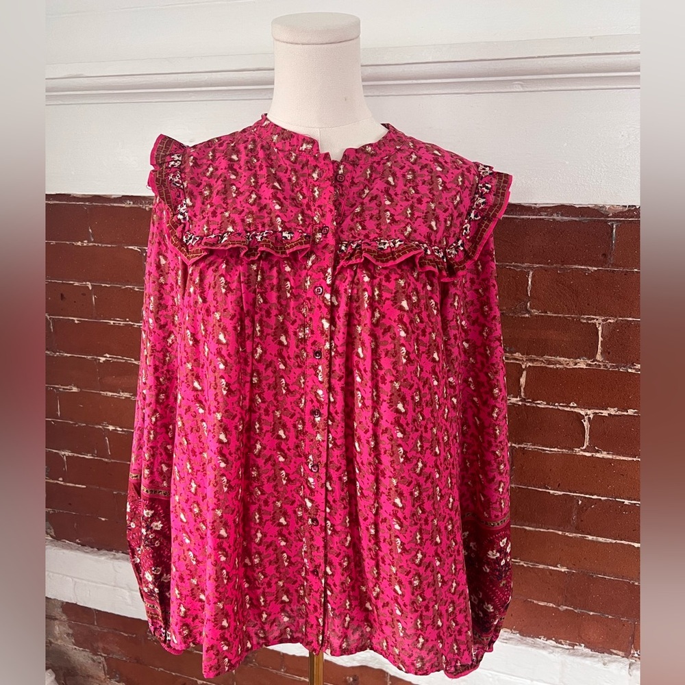 Joie Floral Peasant Blouse Fuchsia Ruffled Button Down Prairie Shirt Deep Pink